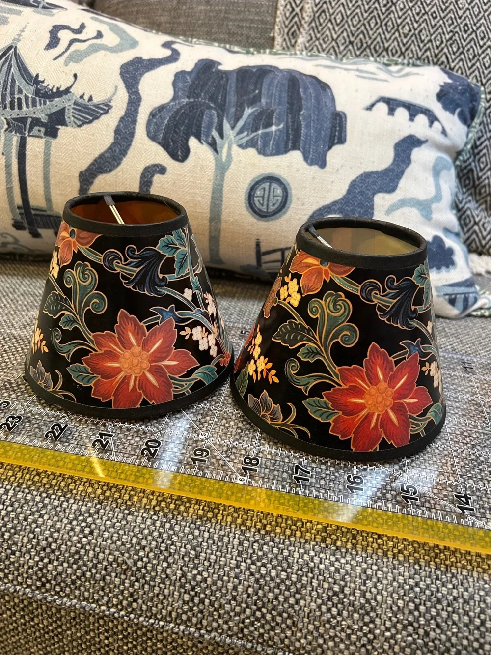 Vintage Floral Black and Red Pair of Lamp Shades Set of 2